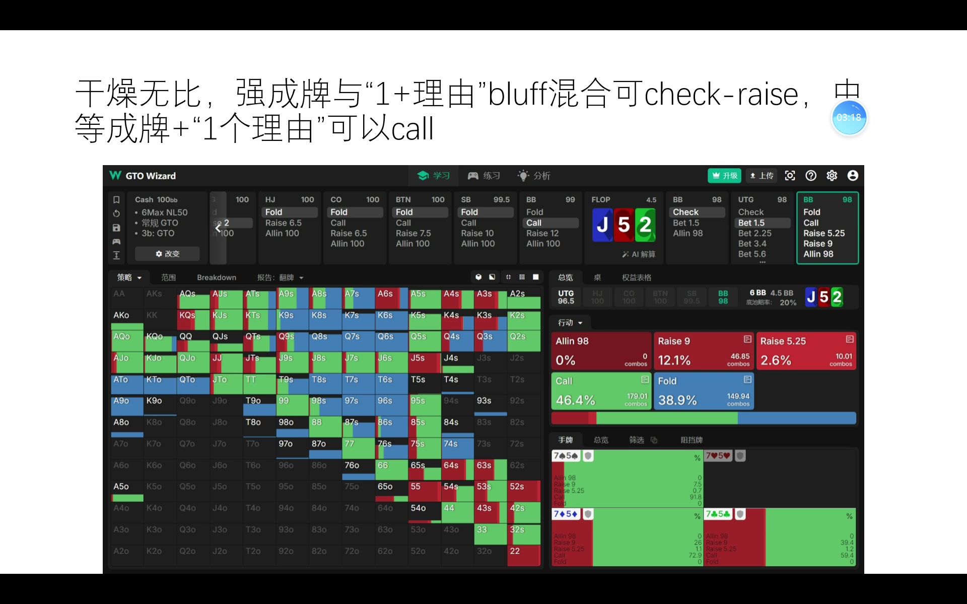 GTO学习2（翻牌J52彩虹 转牌3 还是简单的）