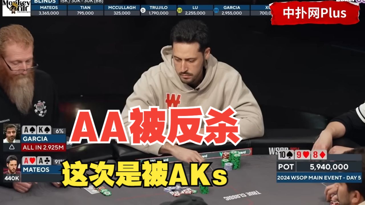 【中扑网】先是KK输给AA，拿到AA又被对方后门中花，筹码两把搞没，太痛了！